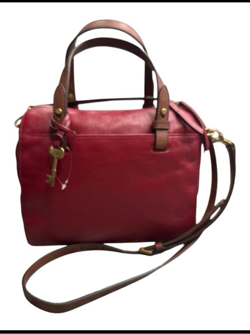 Fossil Red Leather Satchel with Brown Handles, New without tags - Picture 3 of 11